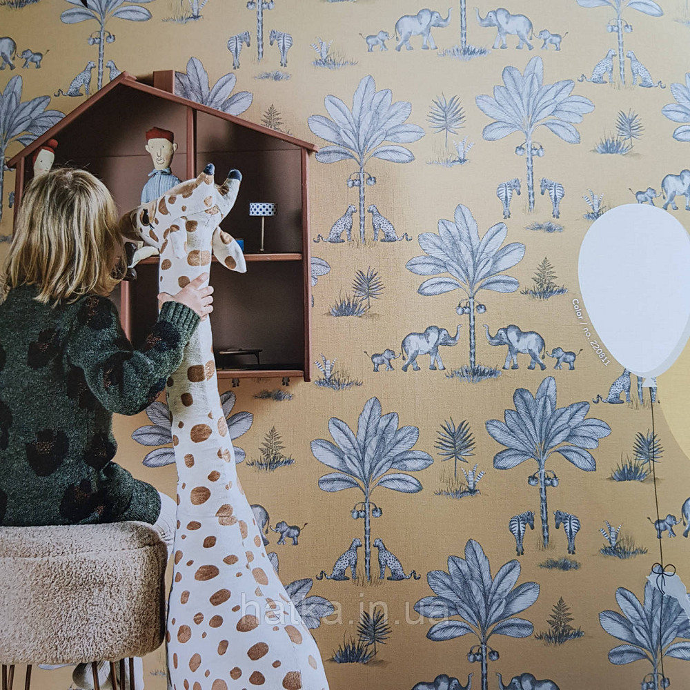 Шпалери флізелінові BN Doodleedo 0,53 х 10 м дитячі саванна слони, тигри поні пальми гірчичні Київ - фото 1