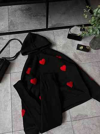 Женский теплый прогулочный костюм двойка с сердечками трехнить на флисе + ангора рубчик Черный, 50/52 Одесса
