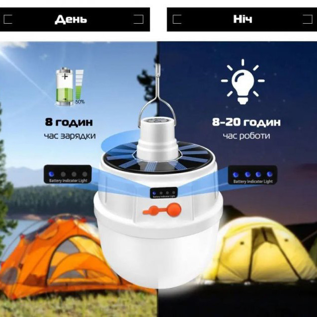 Переносной кемпинговый светильник JD 2022 LED лампа на аккумуляторе с солнечной панелью для отдыха Київ - фото 7