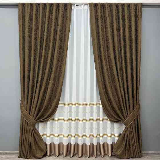 Комплект штор VR-Textil Льон Мармур 200х270 2шт і Тюль 500х270 1261ш-1579т Коричневий з молочним 71-161/6 Київ