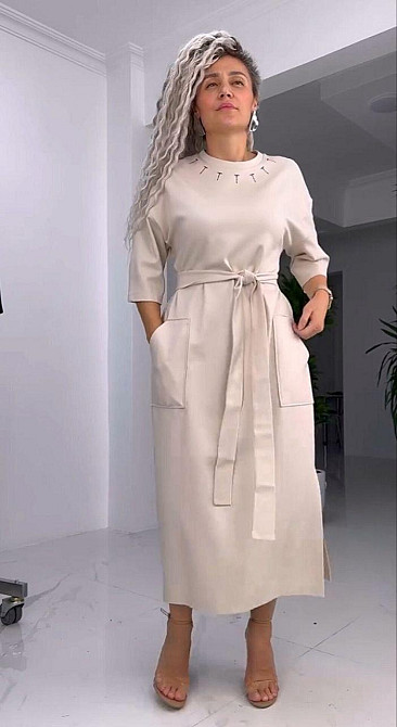Женское стильное батальное платье трикотаж двунитка. Беж, 60/64 Одесса - изображение 2