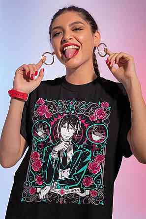 Футболка з аніме принтом Блакк Бутлер Себастіан Куросхітсуджі оверсайз (S/M/L) Чорний AnimeJ0255 Дніпро