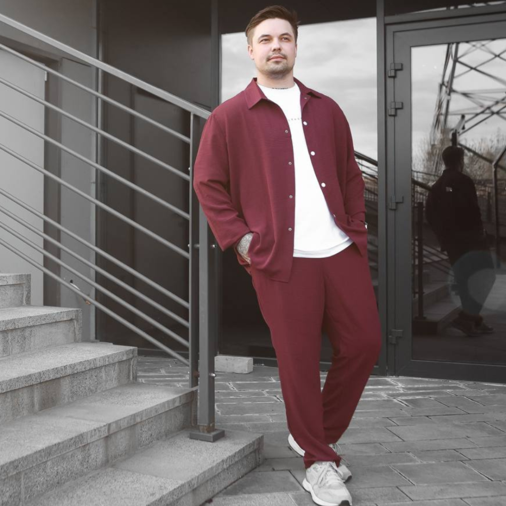 Мужской летний костюм Casual рубашка и штаны Оверсайз жатка весна лето SANE бордовый L Одесса - изображение 1