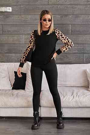 Стильна жіноча кофтинка з леопардовими рукавами "Alberta" | Норма і батал Чорний, 46-48 Київ