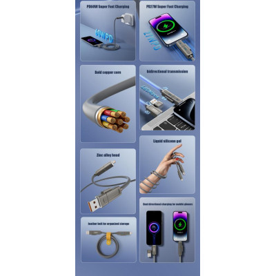 Дата кабель USB 2.0 AM to USB-C + USB 2.0 AM to Lightning 1.0m 60W gray XO (NB275_4-in-1_Gray) Вінниця - фото 10