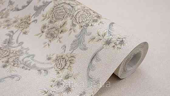 Шпалери метрові вінілові на флізеліні Sintra Classic класика квіти троянди завитки структурні жовті срібло на бежевому 445631 Київ