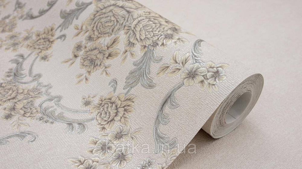 Шпалери метрові вінілові на флізеліні Sintra Classic класика квіти троянди завитки структурні жовті срібло на бежевому 445631 Київ - фото 3