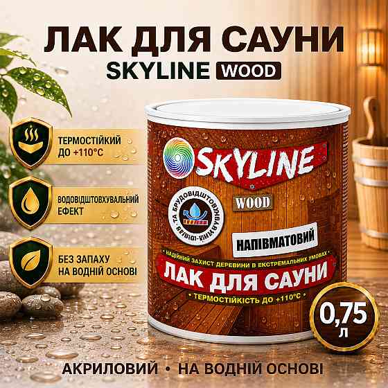 Лак для сауни SkyLine WOOD 0.75 л — акриловий напівматовий лак для дерева, прозорий, без запаху, термостійкий до +110°C Харків