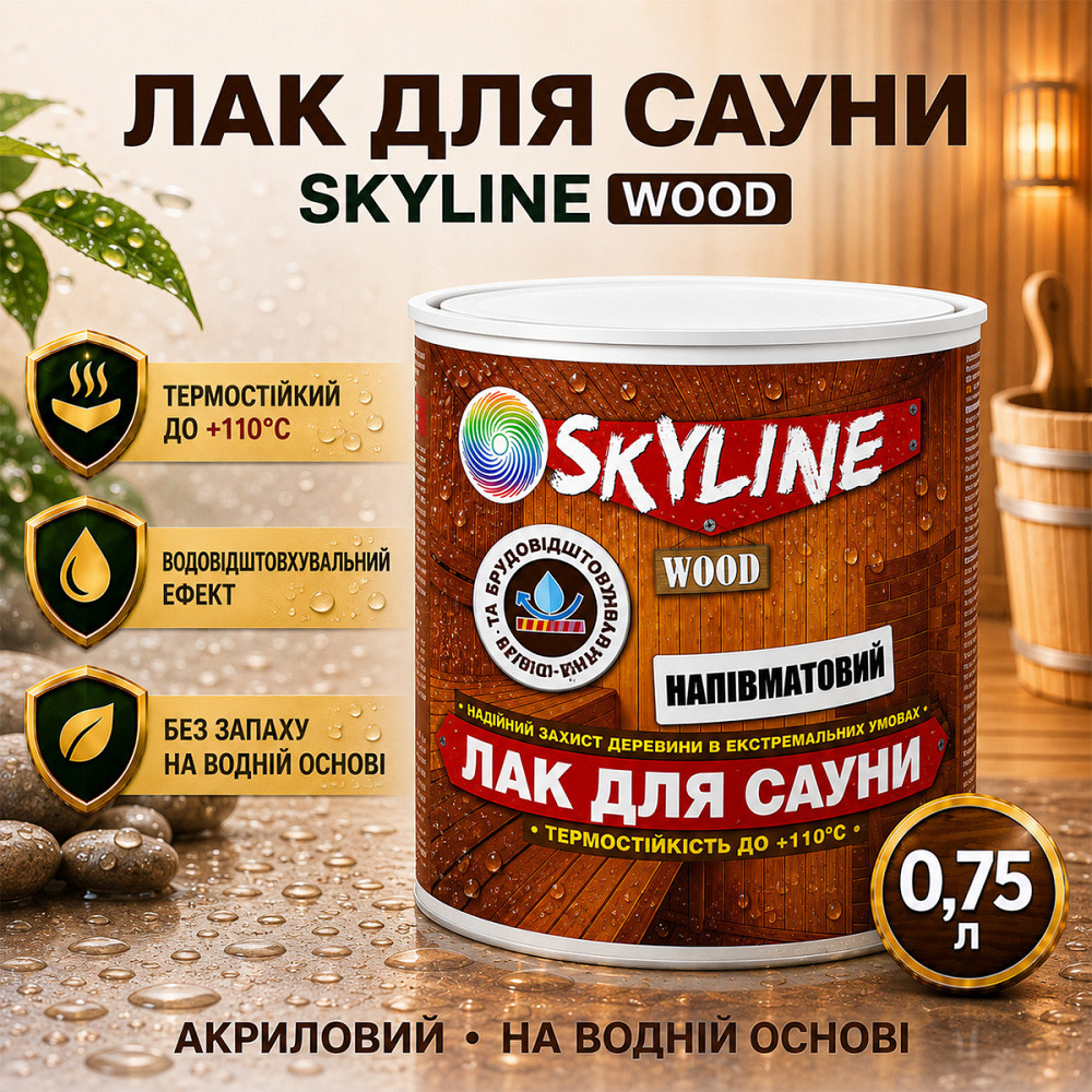 Лак для сауны SkyLine WOOD 0.75 л — акриловый полуматовый лак для дерева, прозрачный, без запаха, термостойкий до +110°C Харьков - изображение 1