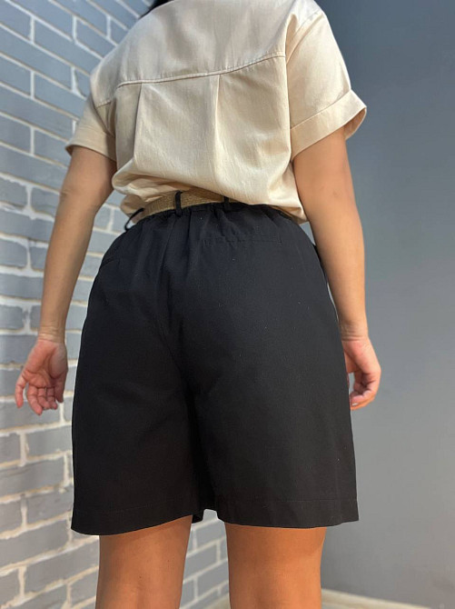 Шорты коттоновые Mix Ray 4022 бермуды высокая посадка на резинке пояс из льна черные, черный, L Киев - изображение 2