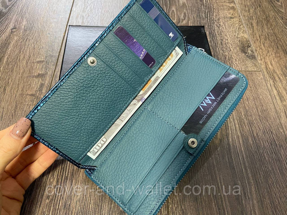 Бірюзовий лаковий жіночий гаманець на блискавці на багато карток Horton AE 202 Київ - фото 3