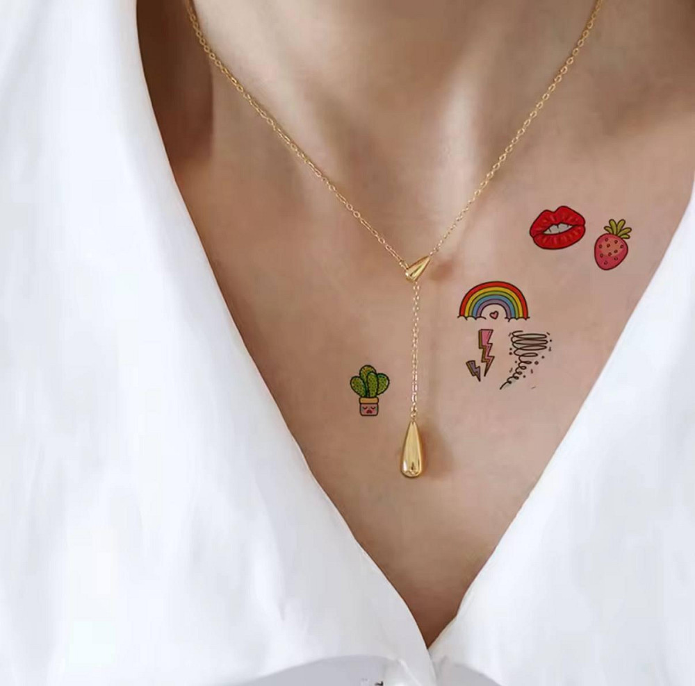 Набір тимчасових тату-стікерів у стилі kawaii — 30 аркушів (6×10 см) веселки, кактуси, губки, звірят Київ - фото 1