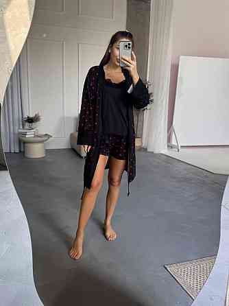 Женский домашний комплект четверка: брюки + майка + шорты + халат коттон Черный, 50/52 Одесса