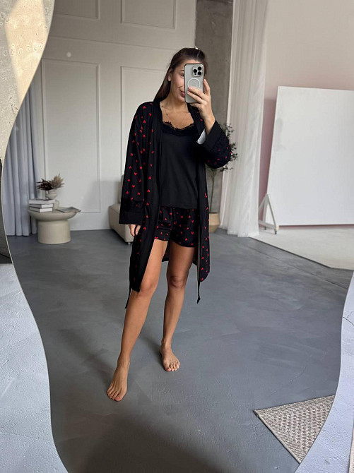 Жіночий домашній комплект: штани + майка + шорти + халат котон Чорний, 50/52 Одеса - фото 1