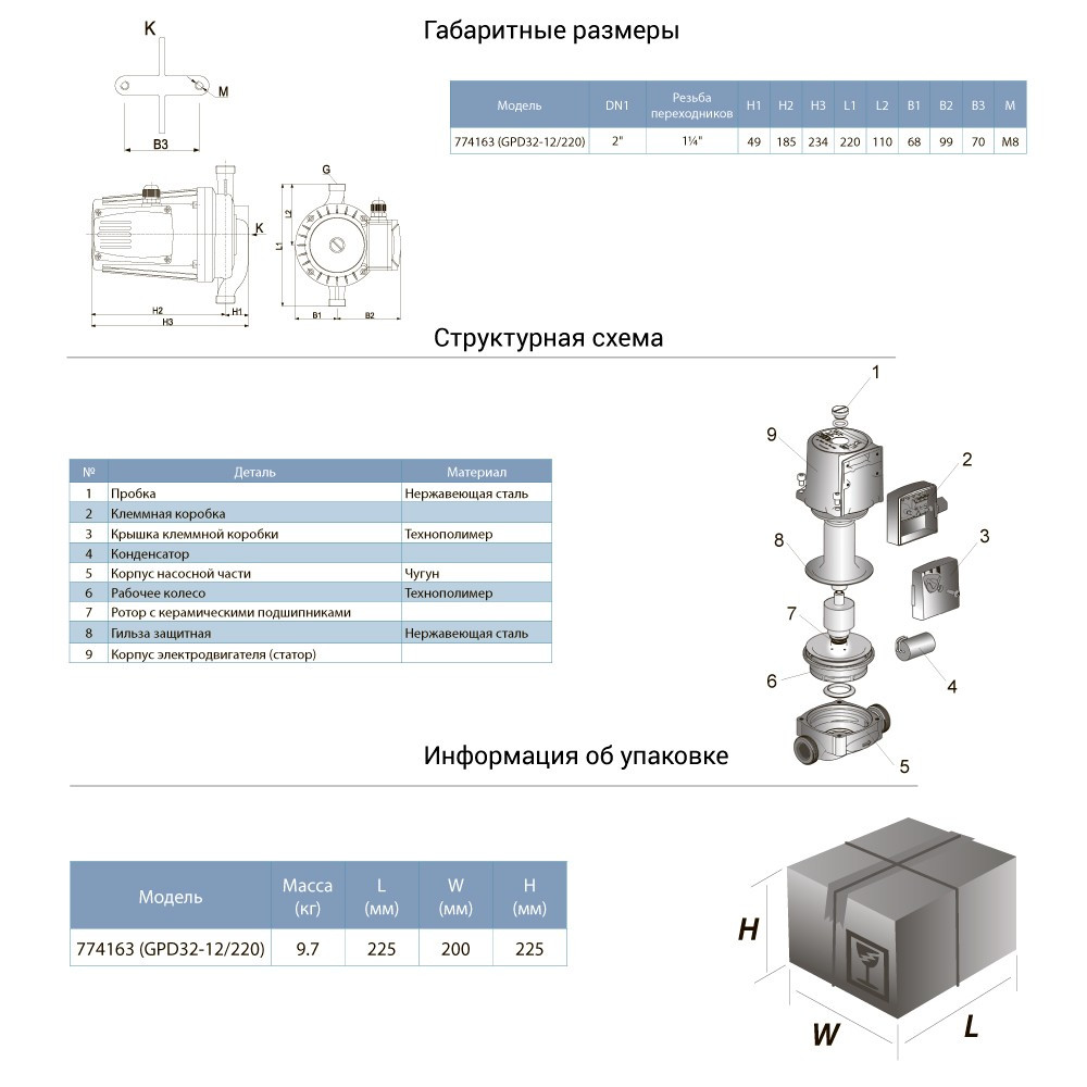 Aquatica Насос циркуляционный 0.5кВт Hmax 12м Qmax 190л/мин Ø2" 220мм + гайки Ø1¼" AQUATICA (77 Коломыя - изображение 3