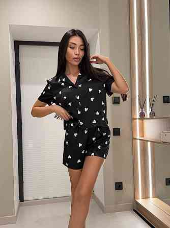 Женская стильная базовая домашняя шелковая пижама рубашка+шорты Черный, 46/48 Одесса