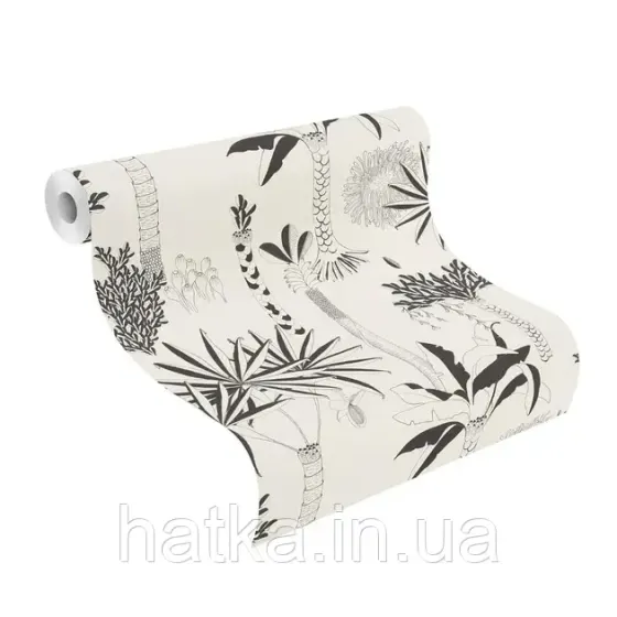 Шпалери вінілові на флізеліні Rasch Clasik 0,53х10 дитячі екзотичні дерева пальми квіти листя чорне на білому Київ