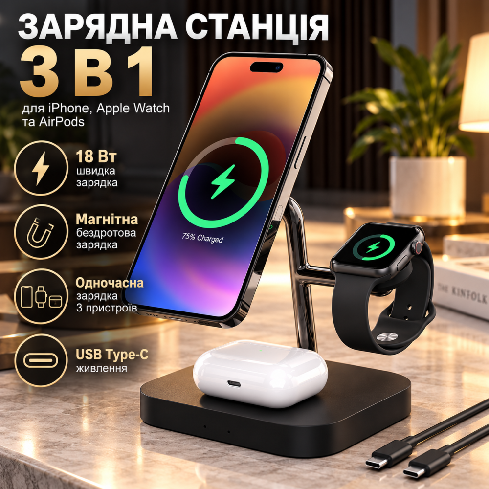 Зарядна станція Boaraino 3 в 1, магнітна бездротова зарядка для iPhone, Apple Watch та AirPods, 18 Вт, чорна Київ - фото 1