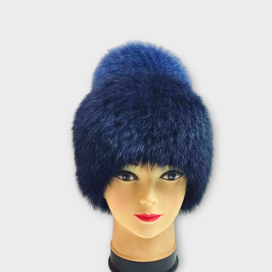 Шапка хутряна жіноча Ліхірик з хутра кролика з бубоном песця Синій Харків