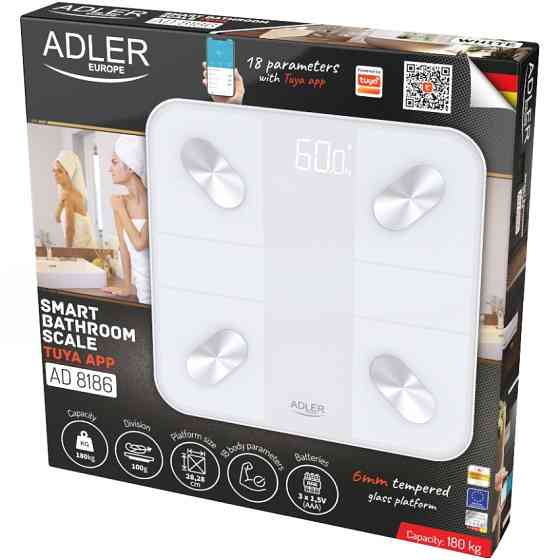 Ваги напольні Adler AD 8186 white електронні/ Smart/ 180кг/ 3хААА/ автовимкнення/ білі Винница