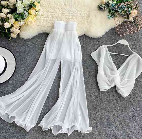 Женский летний воздушный костюм двойка: топ и штаны шифон + подкладка Белый, 42/44 Одесса