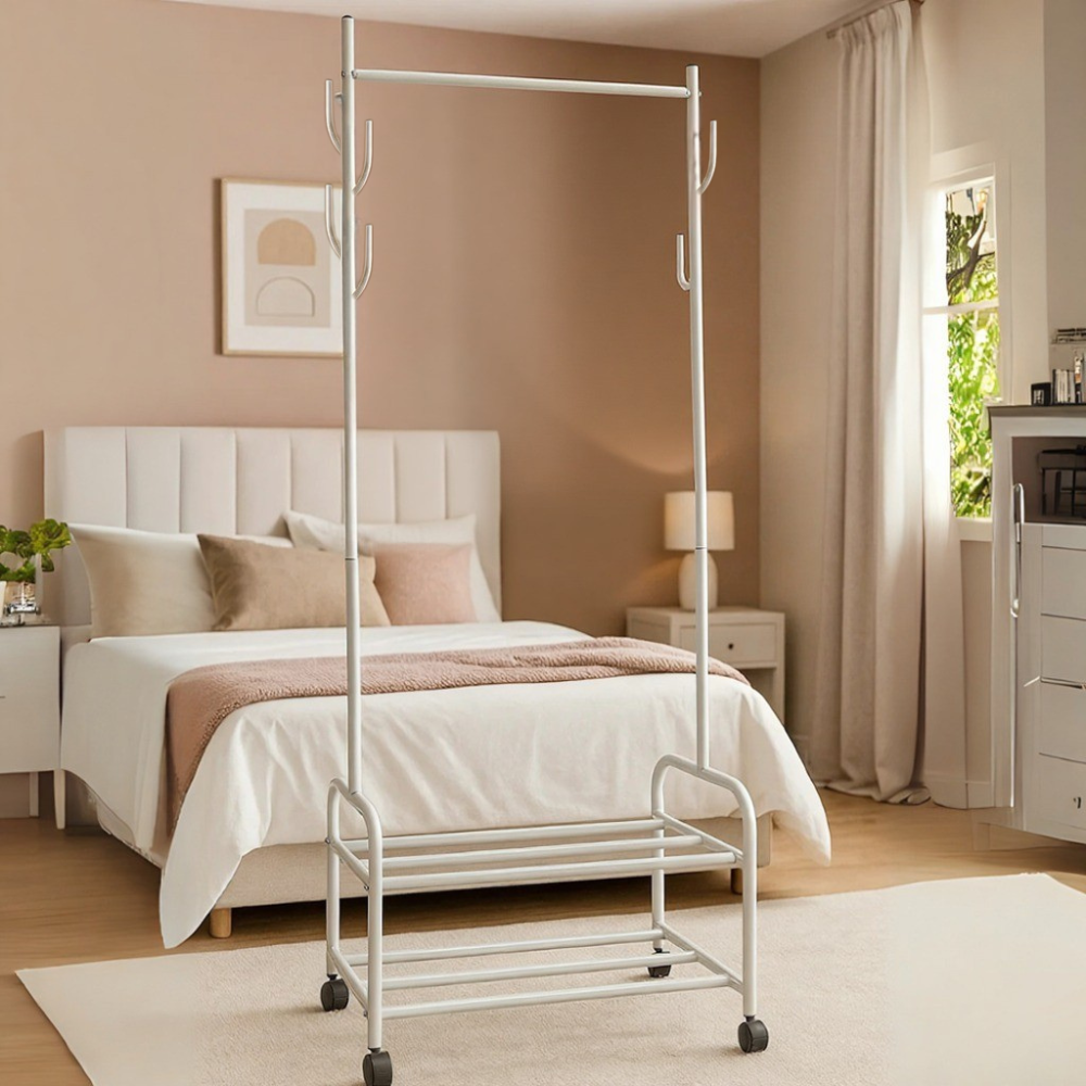 Вішалка для одягу на дві полиці для взуття, гачками для аксесуарів і поперечиною для тремпелів колір білий УЦІНКА Кам'янець-Подільський - фото 3