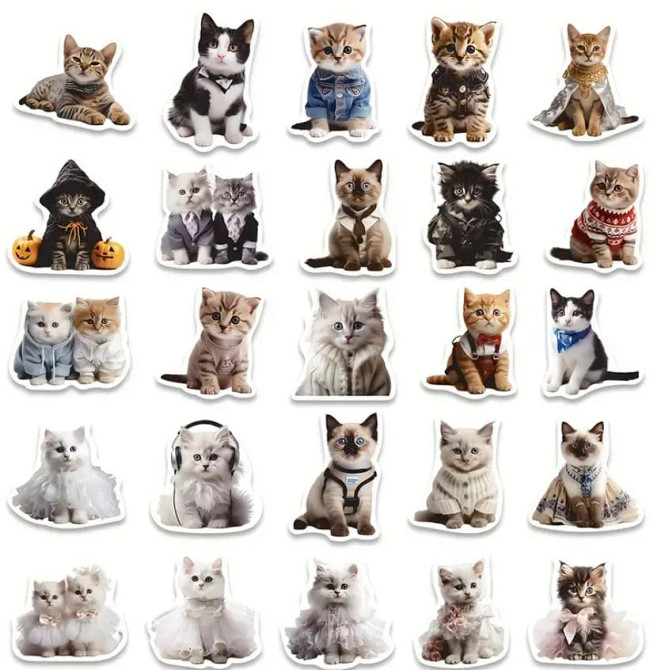 Наклейки Стікери Коти - Водонепроникні Вінілові Естетичні Наклейки з Котами для Пляшки Води, Комп'ют Київ - фото 4