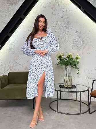 Стильное женское элегантное платье с цветами муслин принт. Голубой, 46/48 Одесса