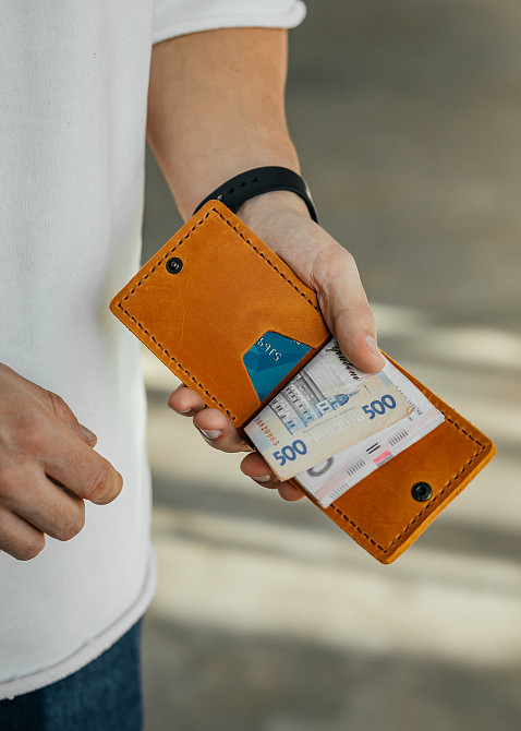 Чоловічий гаманець із натуральної шкіри, чорний місткий гаманець, чоловічий на кнопці гаманець із Crazy HorseMasterSem Київ - фото 1