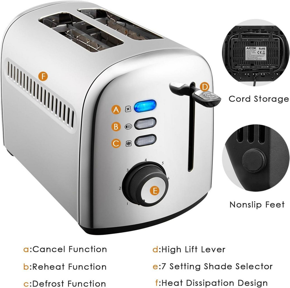 Тостер Aicok на 2 ломтика, из нержавеющей стали с выдвижным поддоном для крошек, 7 настроек 850 Вт серебристый Киев - изображение 7