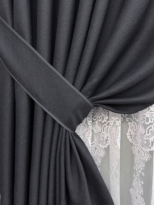 Комплект штор VR-Textil Льон Мішковина 200х270 2шт і Тюль 500х270 1161ш-1571т Графітовий з білим 71-189/6 Київ - фото 4