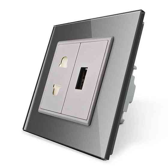 LIVOLO Розетка універсальна з USB розеткою Livolo сірий скло (VL-C7C1AUSB-15) Киев