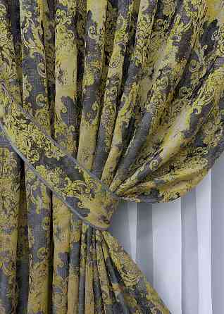 Комплект готових штор VR-Textil Льон Преміум № 1834ш Сірий з жовтим 200х295 см 2 шт (32-156) Київ