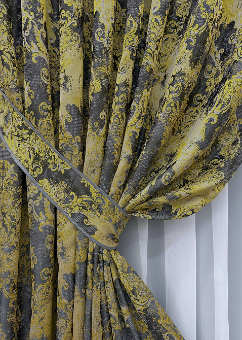 Комплект готових штор VR-Textil Льон Преміум № 1834ш Сірий з жовтим 200х295 см 2 шт (32-156) Київ - фото 5