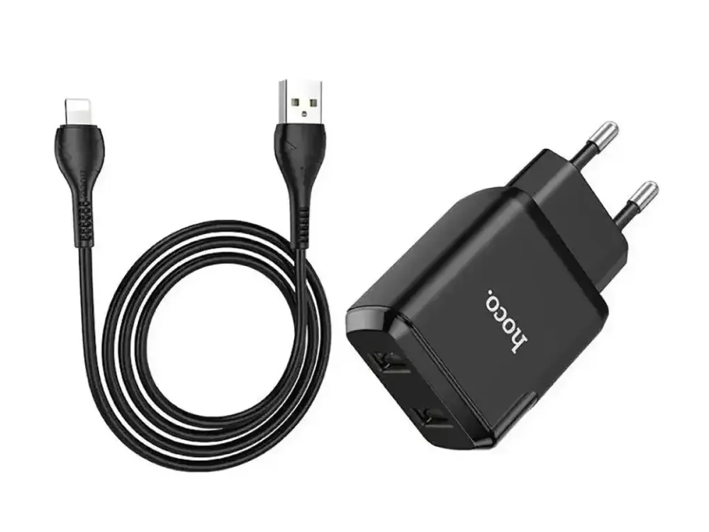 Мережевий зарядний пристрій Hoco N7 Speedy 220V (10.5W, 5V/2.1A) на 2 USB-порти з кабелем USB - Lightning Одеса - фото 3