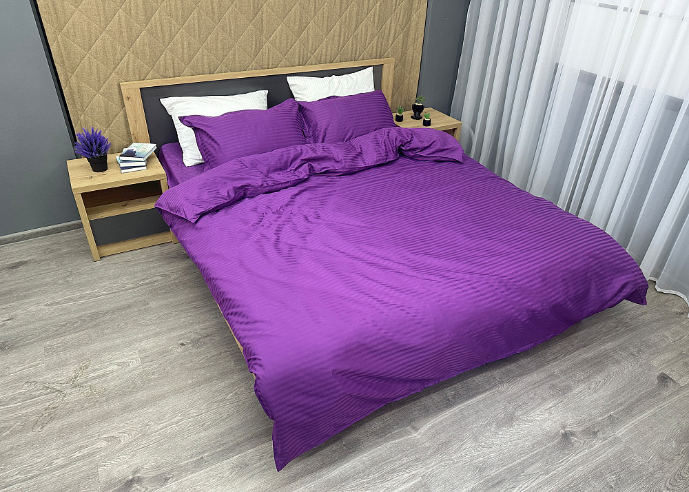 Комплект постельного белья Страйп-сатин Евро 200х230 с простыней на резинке Фуксия (88-093) Киев - изображение 3