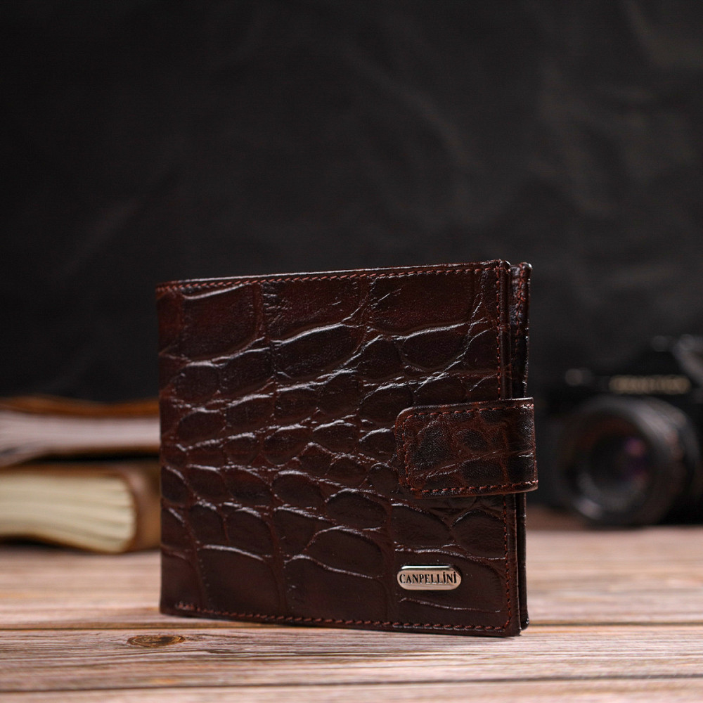 Купюрник для мужчин горизонтального формата из натуральной кожи с тиснением под крокодила CANPELLINI 21773 Коричневый Киев - изображение 3