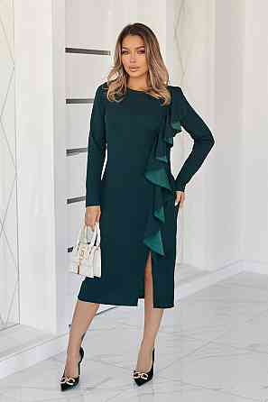 Приталене плаття міді з воланом "Aiza" | Батал Темно-зелений, 50-52 Київ