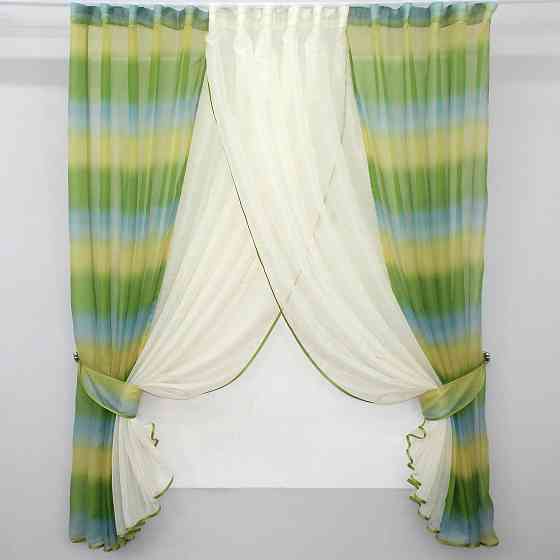 Кухонні шторки VR-Textil № 111к комбіновані молочний з оливково-жовтим та блакитним 400х170 см (52-0226) Київ