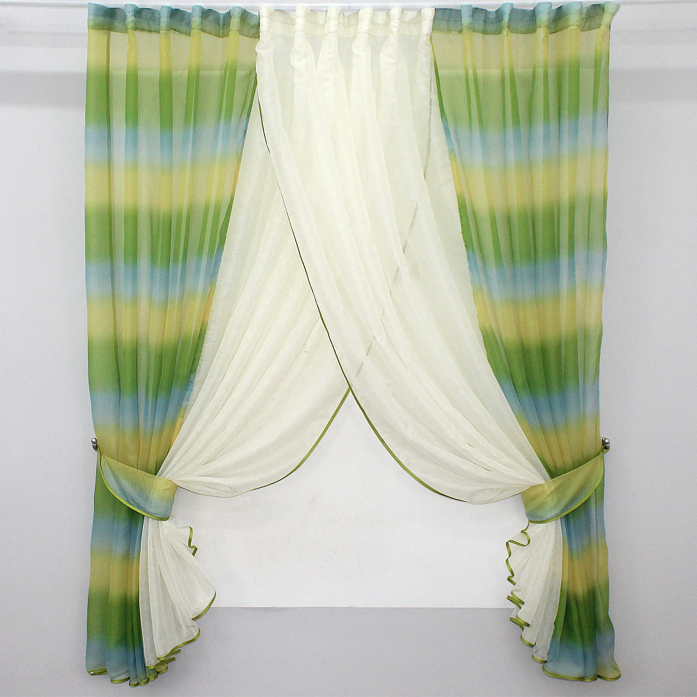 Кухонні шторки VR-Textil № 111к комбіновані молочний з оливково-жовтим та блакитним 400х170 см (52-0226) Київ - фото 1