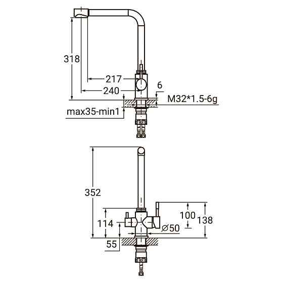 Смеситель KT Ø35 для кухни гусак с выходом для питьевой воды на гайке SS AQUATICA KT-4B770P (9722121) Киев