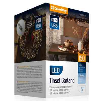 Гірлянда ColorWay Мішура LED 150 5 м 8 функцій теплий колір USB (CW-G-150L5U) Вінниця