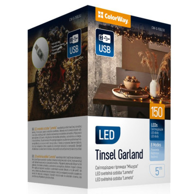 Гирлянда ColorWay Мишура LED 150 5 м 8 функций теплый цвет USB (CW-G-150L5U) Винница - изображение 1