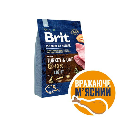 Корм сухой Brit Premium Dog Light для собак с избыточным весом с индейкой 3 кг Киев - изображение 1