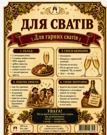Етикетки на пляшку вина або ігристого для сватів “Свати №1” | Прикольний подарунок сватам | Комплект етикетка + контретикетка Одеса