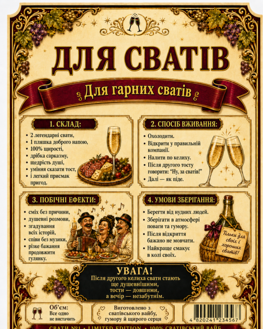 Етикетки на пляшку вина або ігристого для сватів “Свати №1” | Прикольний подарунок сватам | Комплект етикетка + контретикетка Одеса - фото 2