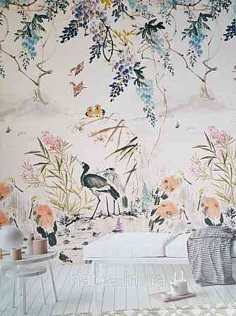 Шпалери вінілові Grandeco One roll one motif 1.59x2.8 панно птиці гілки квіти блакитні рожеві Київ