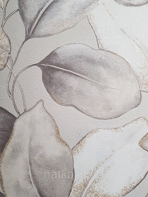Шпалери вінілові на флізеліновій основі Rasch Incanto 1.06х10 листя великі білі світло-сірі золотисті Київ - фото 2