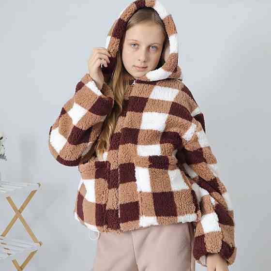 Жіноча тепла шубка тедді в коричневу клітинку з капюшоном Кам'янець-Подільський