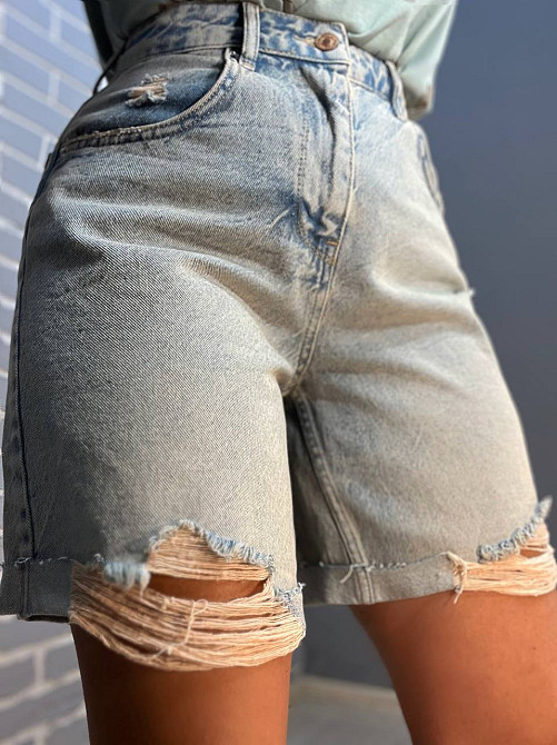 Шорти джинсові жіночі Women Denim 355-973 середня довжина рвані знизу світло блакитні, світло- блакитний, 34 Київ - фото 8